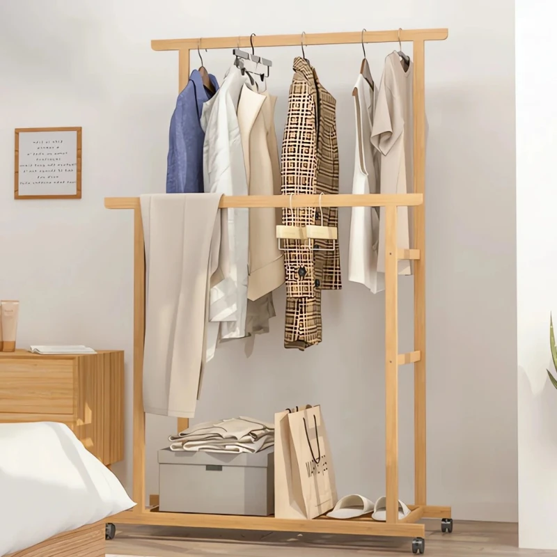 

Rail Rack Double Hanging Rails Clothes Wheels Free Standing Garment with Storage Shelves Coat Rack