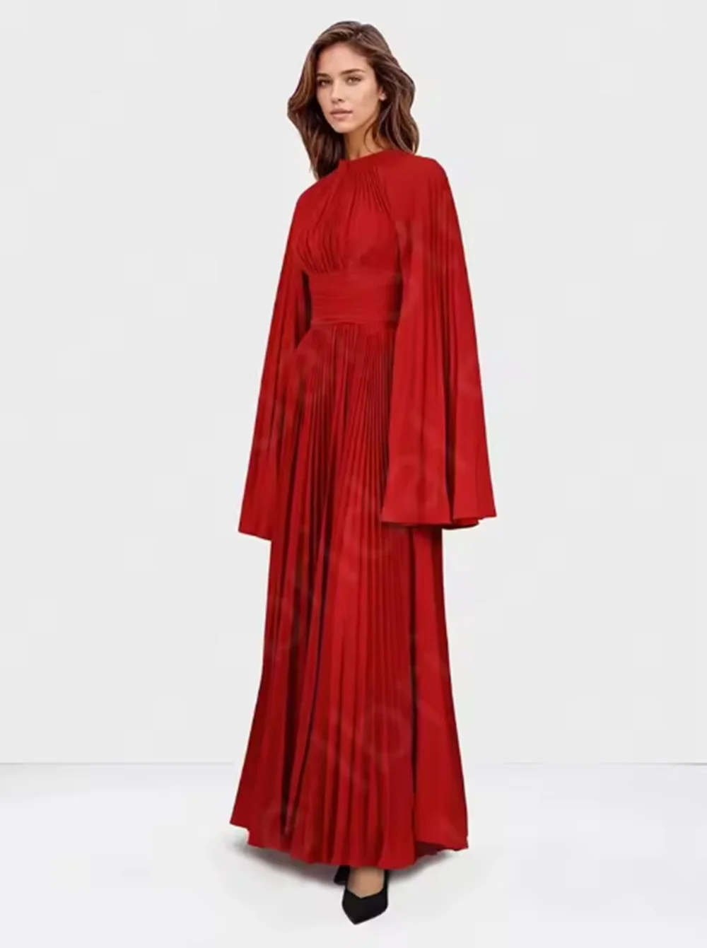 فساتين سهرة عربية جديدة مخصصة باللون الأحمر 2024 فساتين حفلات الشرق الأوسط بأكمام طويلة فساتين زفاف الضيوف برقبة دائرية وثنيات #5