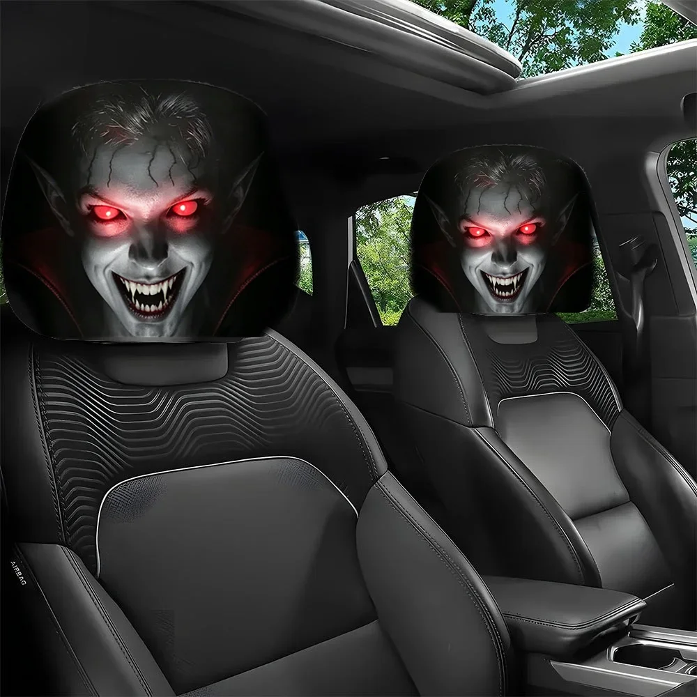 2Pcs Halloween Horror Face Printing Car Headrest Covers Universal Elastic Car Seat Headrest Cover Dustproof Protective Sleeve