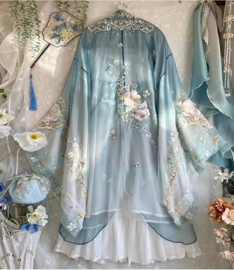 伝統的な中国の漢服セット,高品質の刺embroidery,カーニバルの衣装,コスプレ衣装,グラデーションブルー,中国語