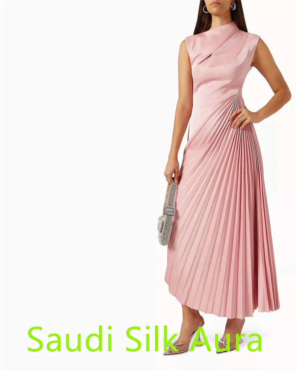 Aangepaste luxe roze satijnen homecoming-jurk Temperament Ronde hals Kapmouw Lange mouwen Ruches Rits Terug Feestjurk