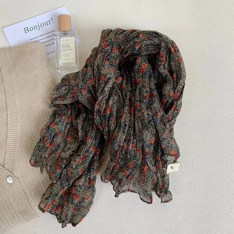 Antique Scarf New Autumn and Winter Live Broadcast Hot Literary Cotton and Linen Retro Flower Crumpled Men Women