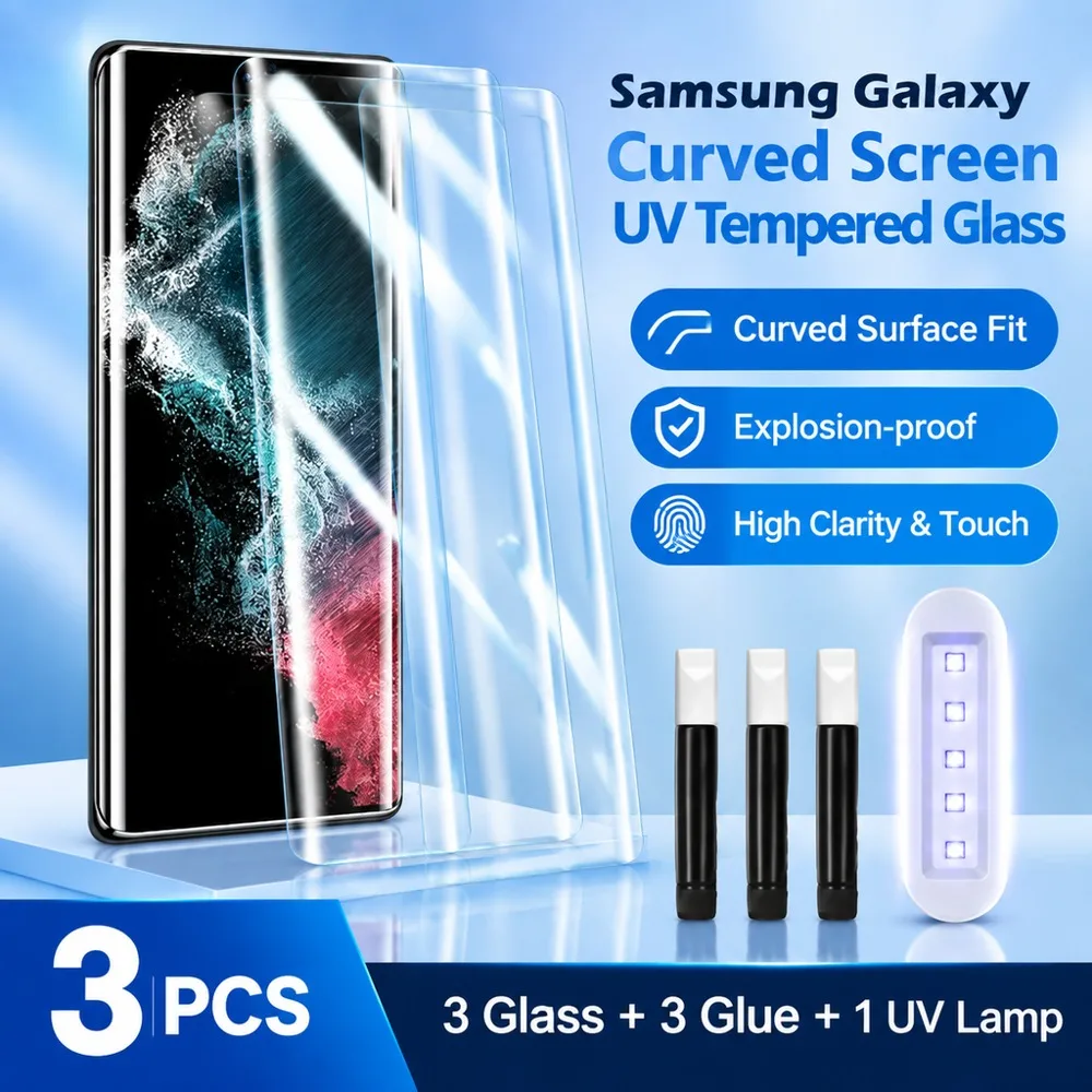 3PCS UV Tempered Glass For Samsung Galaxy S22+ 5G S22 5G Full Glue Screen Protector For Samsung Galaxy S21 Ultra 5G S21+ 5G HD