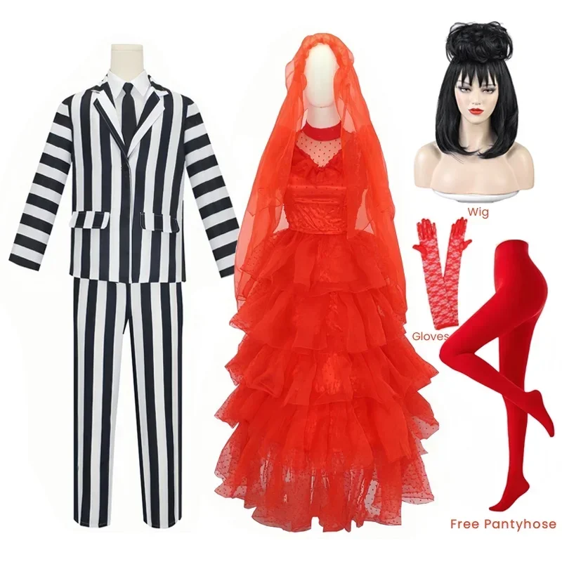 Costume de Cosplay de Dessin Animé Beetle Juicee, Robe de Mariée Rouge Lydia, à Rayures Noires et Blanches Imbibées, Film d'Horreur, Halloween, Fantôme Effrayant