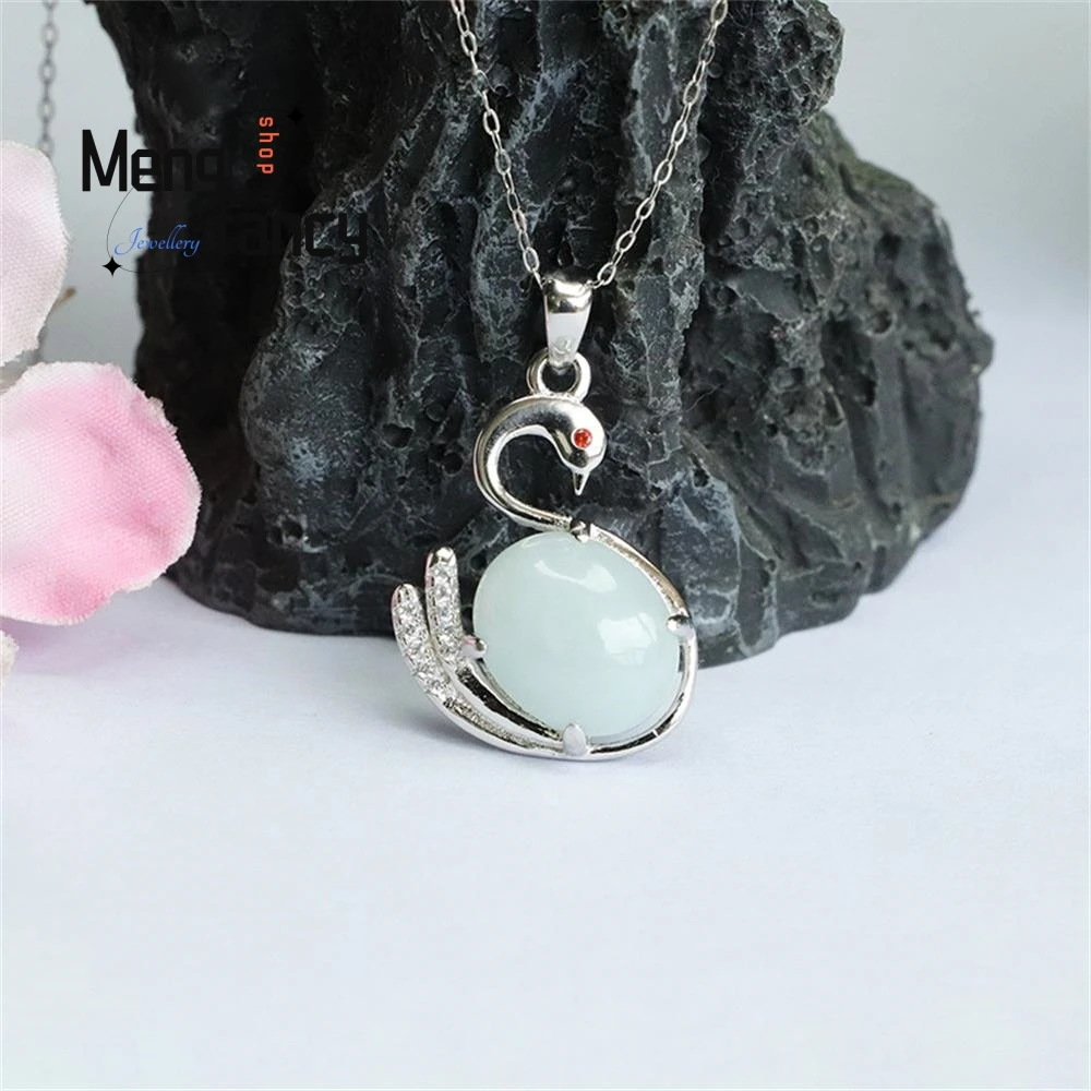 S925 Silver Inlaid Natural Burmese Jadeite Swan Jade Pendant Exquisite High-grade Sexy Young Girls Couple Luxury Fashion Jewelry