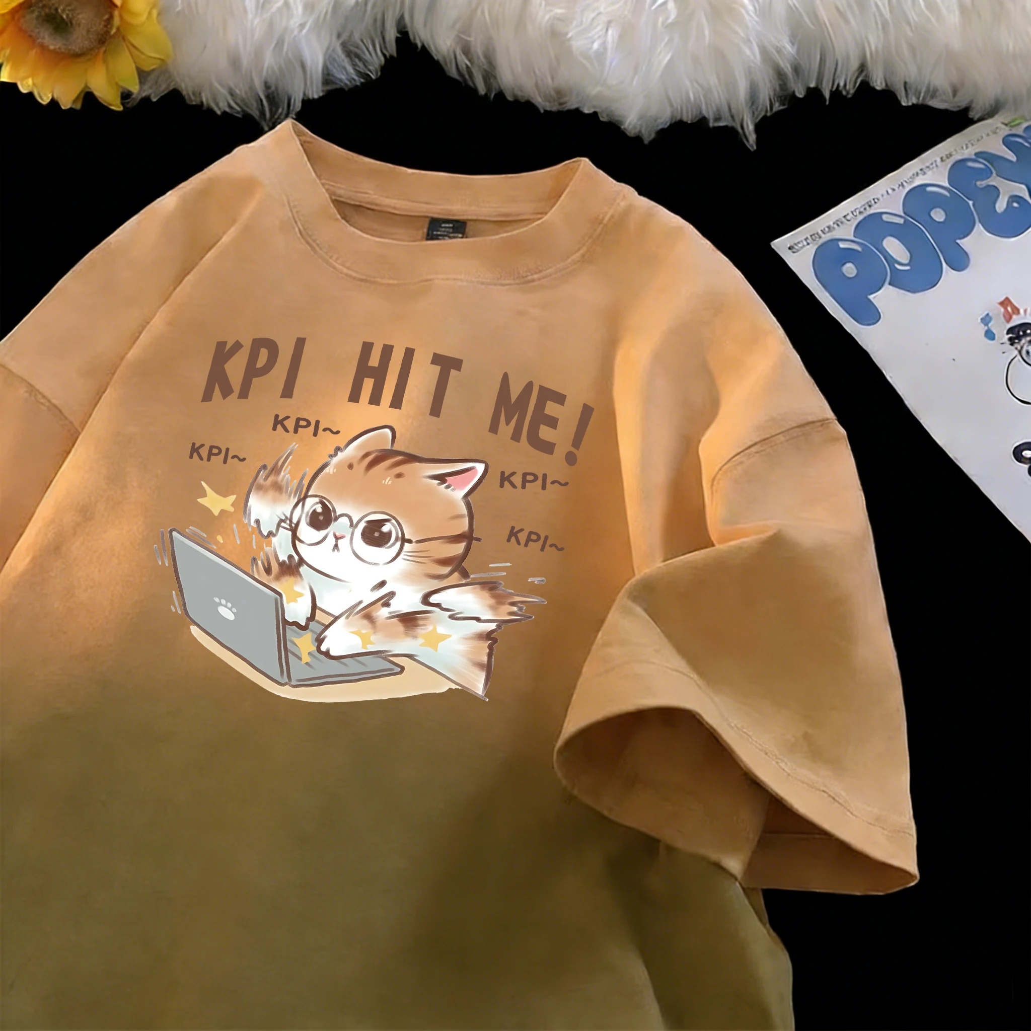 

Creative Workings Cat Computer Kpi Printed Male Cotton Tie-Dye Tee Soft Street Tops Fashion Loose T Shirts Summer Short Sleeve