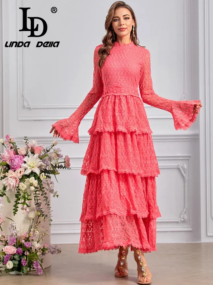 LD LINDA DELLA Fashion Designer Autumn Dresses Women's Vintage Floral Embroidery Net Yarn Cascading Ruffle Elegant Dresses