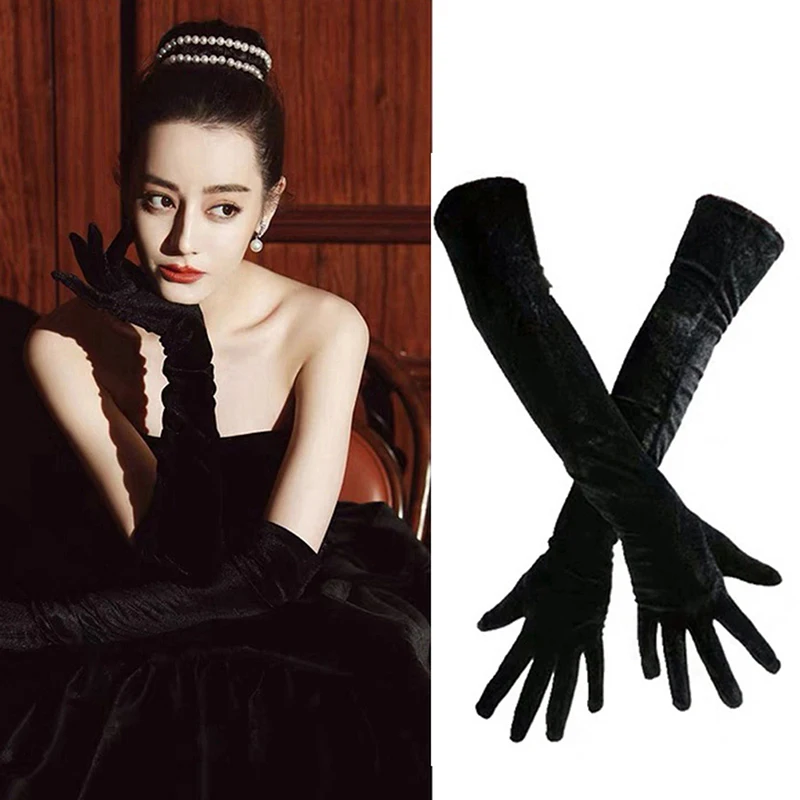 1Pair Christmas Party Noble Banquet Style Women Velvet Long Dinner Dress Gloves Warm Driving Gloves