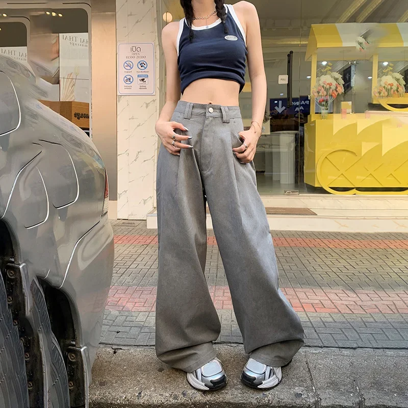 

2024 New Spring Cargo Pants Women Retro High Waisted Loose Grey Wide Leg Pants with A Draping Feel Casual Womens Clothing