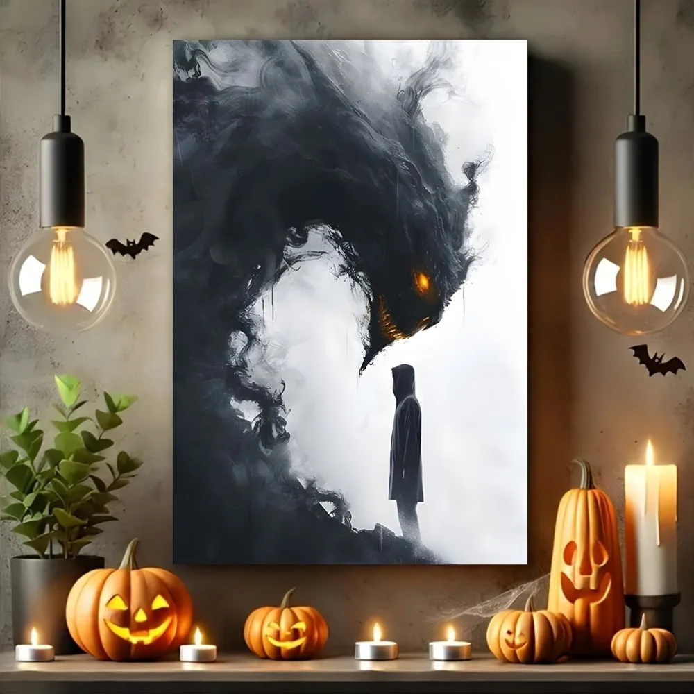 [2D Flat] 1pc Halloween Demon Realm Canvas Painting with Wooden Frame - Spooky Battle Scene, Mystical Artwork for Home & Vehicle