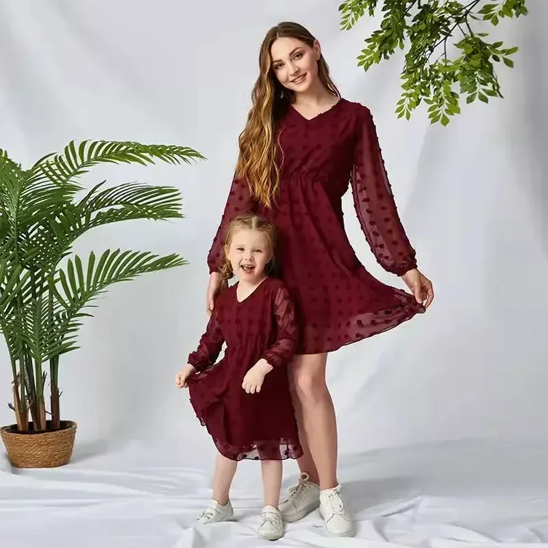 Mother and Daughter Dress Spring Summer Simple Casual Solid Long Sleeve Polka Dot Printing Mom and Daughter Matching Clothes