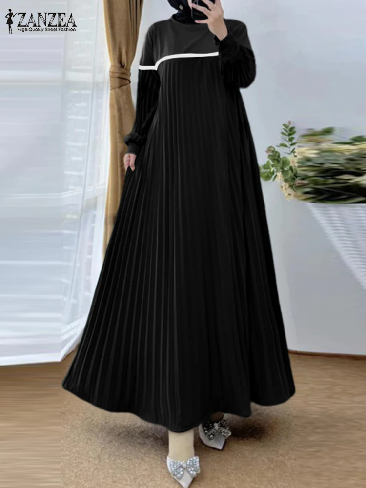 

ZANZEA Muslim Women Color-Block Maxi Dress Islamic Plisse Patchwork Trendy Long Sleeve Abaya Robe Hijab O Neck Pleated Vestidos