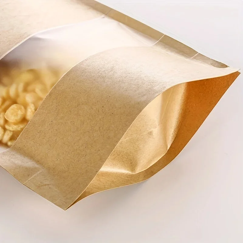 100pcs Kraft Paper Bags - Self-standing, Disposable Storage with Clear Window - Resealable Airtight Kitchen Essentials for Food