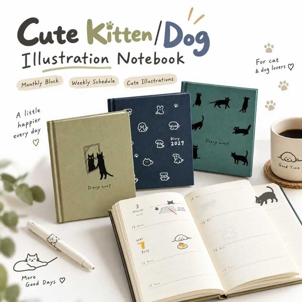 Kitten/Puppy Illustration 2027 Schedule Book Hardcover Hard Shell Daily Planner To Do List Hardcover Diary Students
