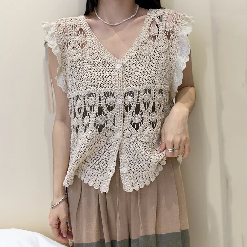 Womens Crochet Top Flying Sleeve Button Front Flower Embroidery Hollow-out Open-knit Cardigan Summer Boho Beach Vacation Wear