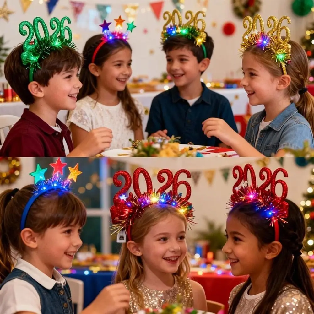 

Sequin 2026 Happy New Year Headband Sweet Star Strip LED Glow Hair Bands Colorful Photo Prop Glitter Hair Hoop Masquerade Party