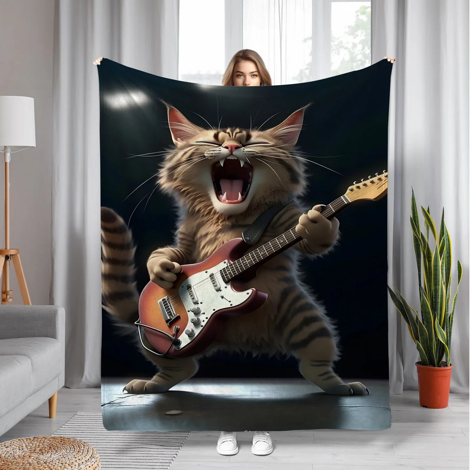 

Фланелевое одеяло с принтом Rock Cat Guitarist Pattern для всех сезонов, идеально подходит для гостиной, офиса, дивана и путешествий