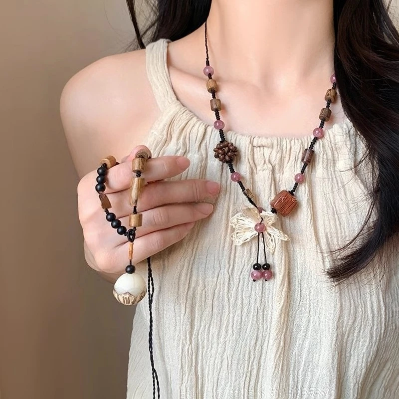 

New Chinese Style Bodhi Flower Necklace Women's National Style Wooden Weave Long Necklace Vintage Drawstring Accessory Gift