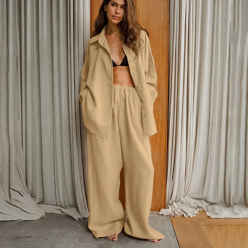 

Fashion Loose Khaki Cotton Trousers Set For Women 2 Pieces 2026 Elegant Long Sleeve Shirt With High Waist Wide Pants Set