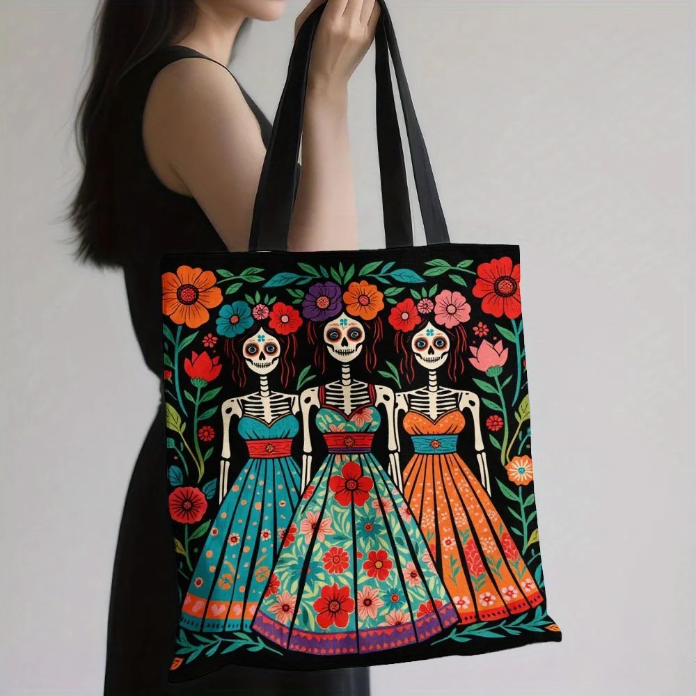 Mexican Day of Dead Sugar Skull Women Canvas Tote Bag Colorful Flower Pattern Reusable Shoulder Shopping Bag Art Handbag