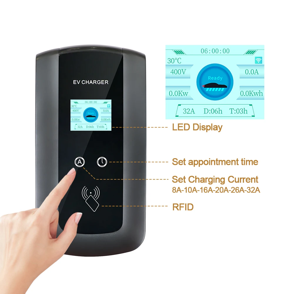 ERDAN APP Control EV Charger 32A 7KW Stacja ładowania pojazdów elektrycznych EVSE Wallbox 11KW 22KW 3-fazowy kabel Type2 Wtyczka IEC62196-2