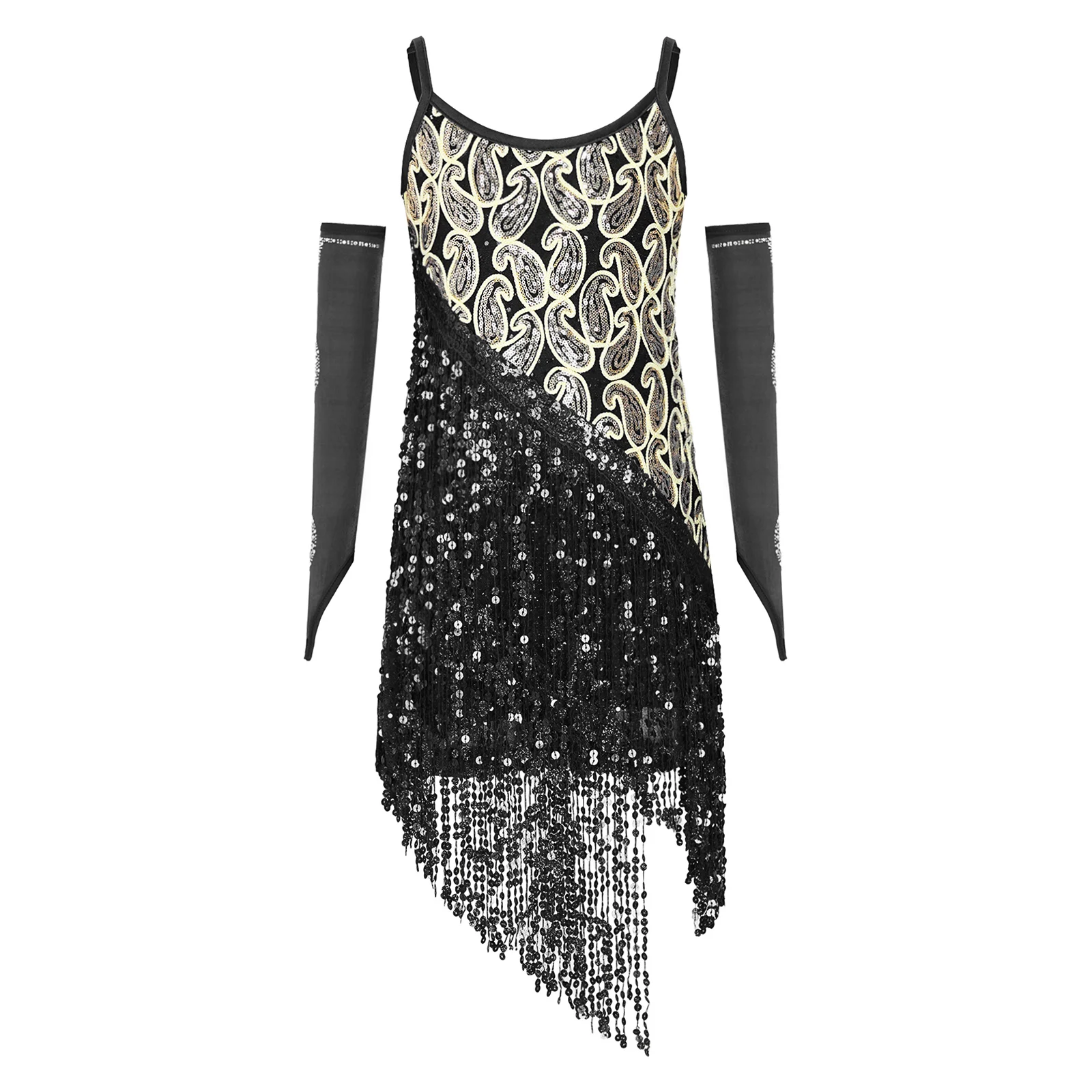 

Kids Girls Salsa Cha Cha Performance Dress Adjustable Spaghetti Straps Sequin Tassel Latin Dress with Matching Rhinestone Gloves