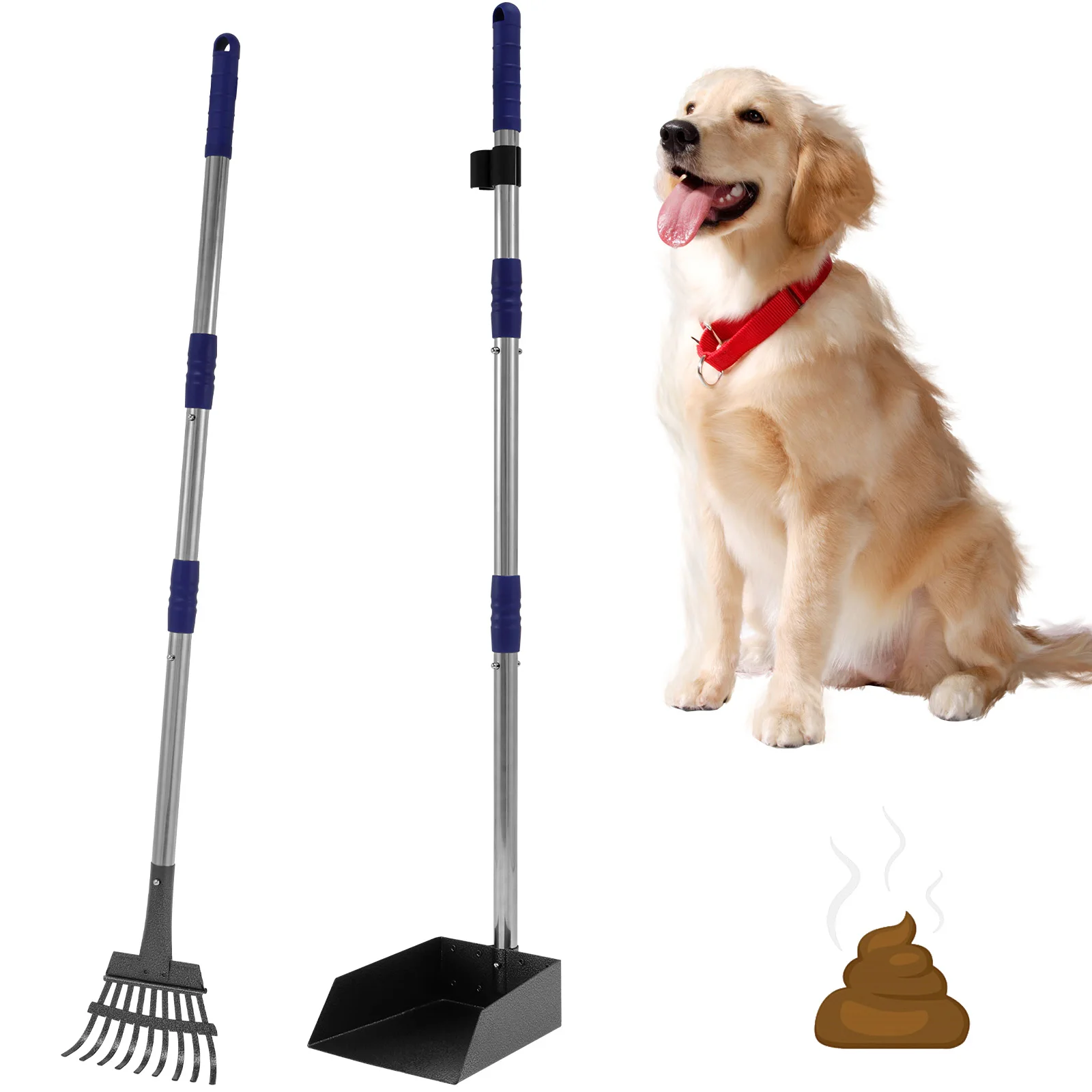 Pooper Scooper Metal Scooper Tray and Rake Set with 3 Stainless Steel Long Handle Removable Dog Pooper Scooper Multifunctional