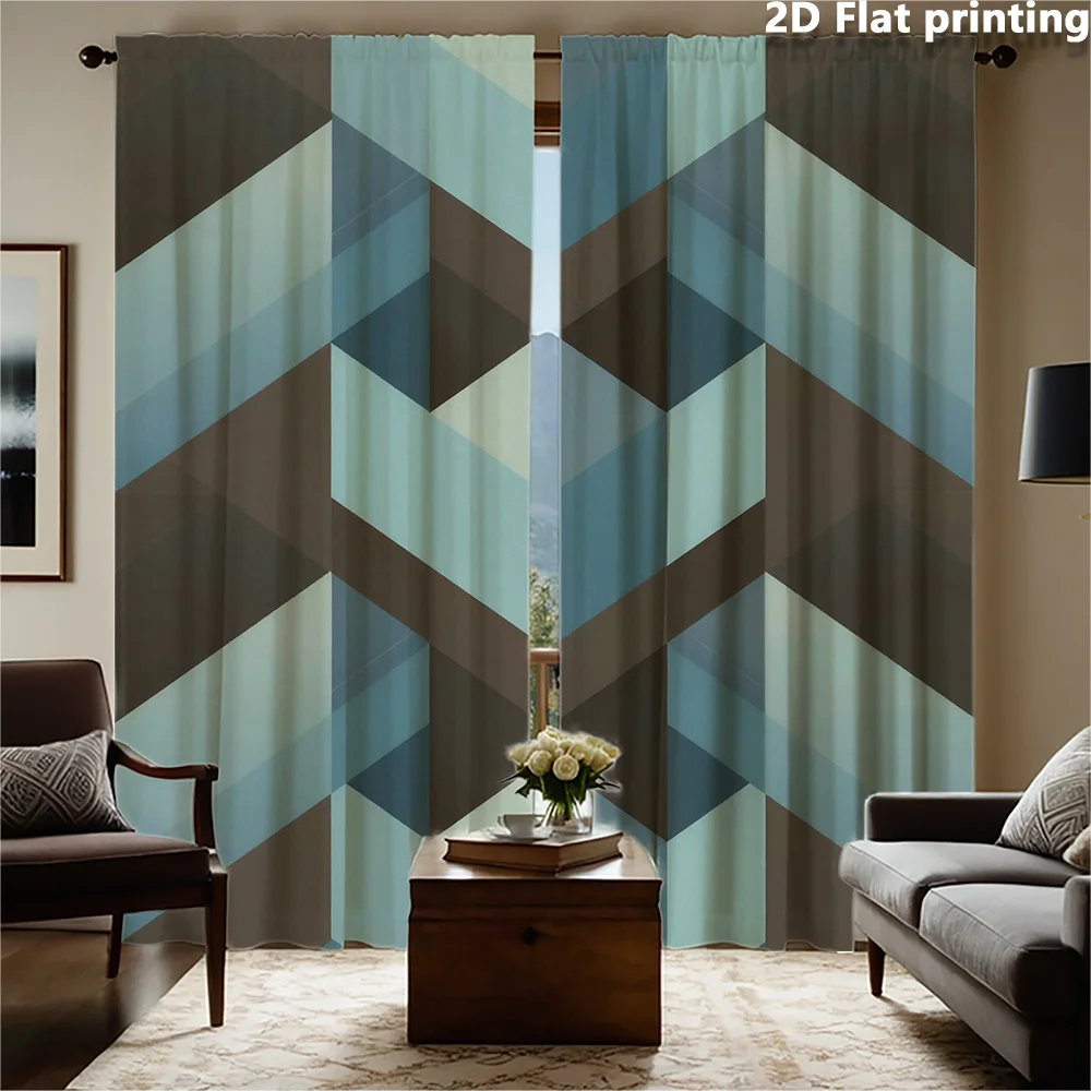 2pc Abstract Geometric Curtain Panels for Living Room Window Modern Decorative Curtains Blue Gray Triangle Print Home Decor Wind