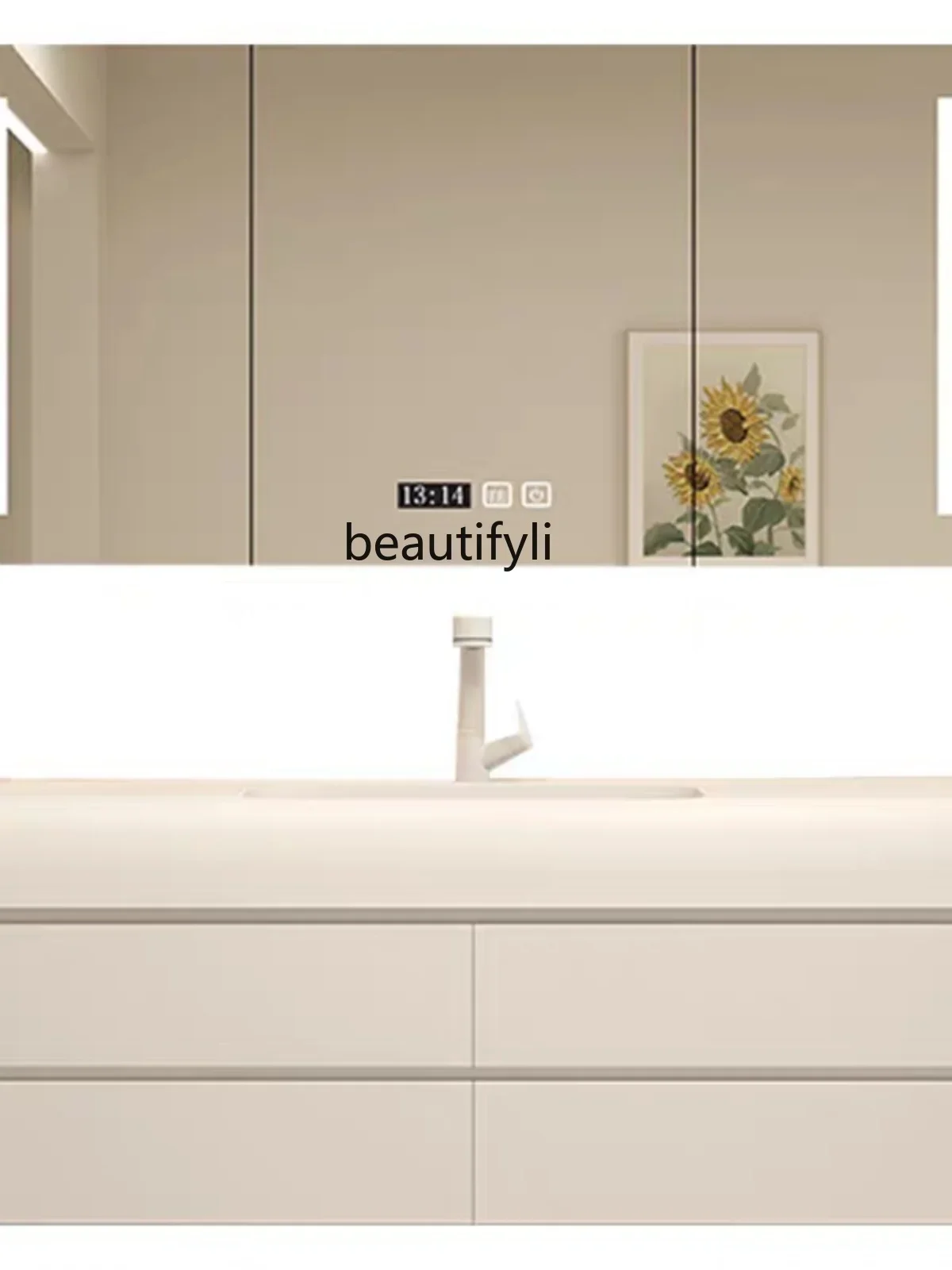 Skin-Resistant Integrated Stone Plate Solid Wood Bathroom Cabinet Combination Light Luxury Cream Wash Basin Washbasin