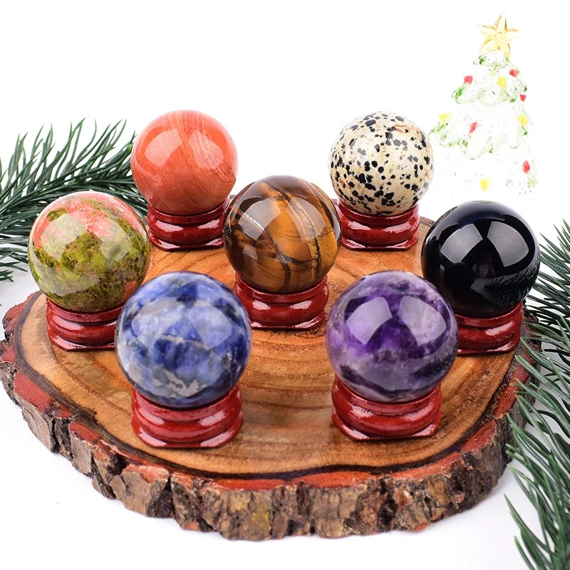 A Set 7PC Natural Crystal Stone Ball Decoration Healing Reiki Mineral Ornaments Crafts Free Wooden Base Home Decor Gift Souvenir