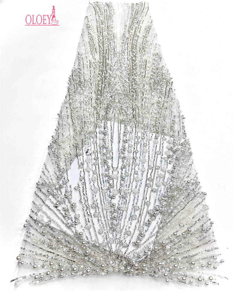 OLOEY   African French Sequined Lace Fabrics  High Quality Tulle Lace Nigerian Beaded Embroidered Dress Material For Party