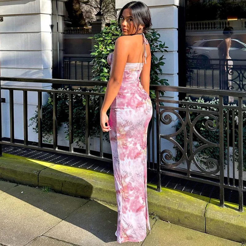 Fashionable Pink Printed Prom Dress Sexy Chest Wrap Neck Hanging Party Gown Fishbone Waist Tied Sweet Buttocks Wrapped Evening