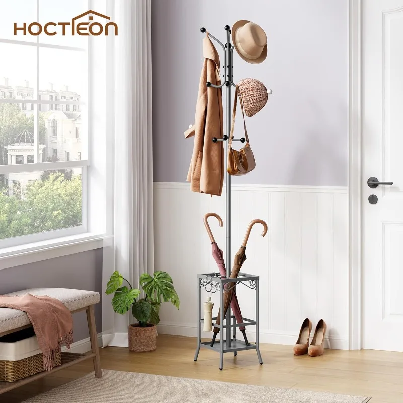 Coat Tree with Umbrella Holder, Metal Coat Rack Stand with 12 Hooks,    Hat Rack Stand for Home Office, Gray