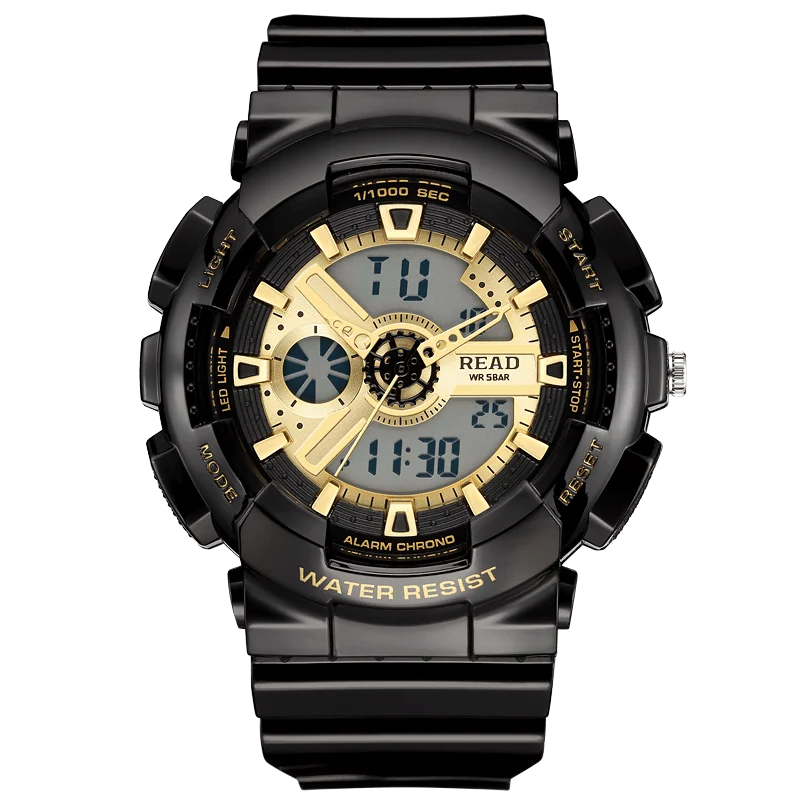 READ Men Digital‑Analog Sports Watch | Resin Case Strap | LED Backlight | Alarm Stopwatch | 30M Daily Water Resistant
