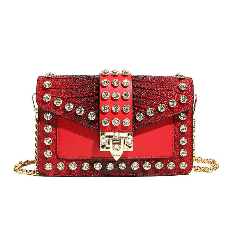 2024 women bag beading PU patchwork crossbody bag punk HIP HOP style square party girls versatile chain shoulder bag