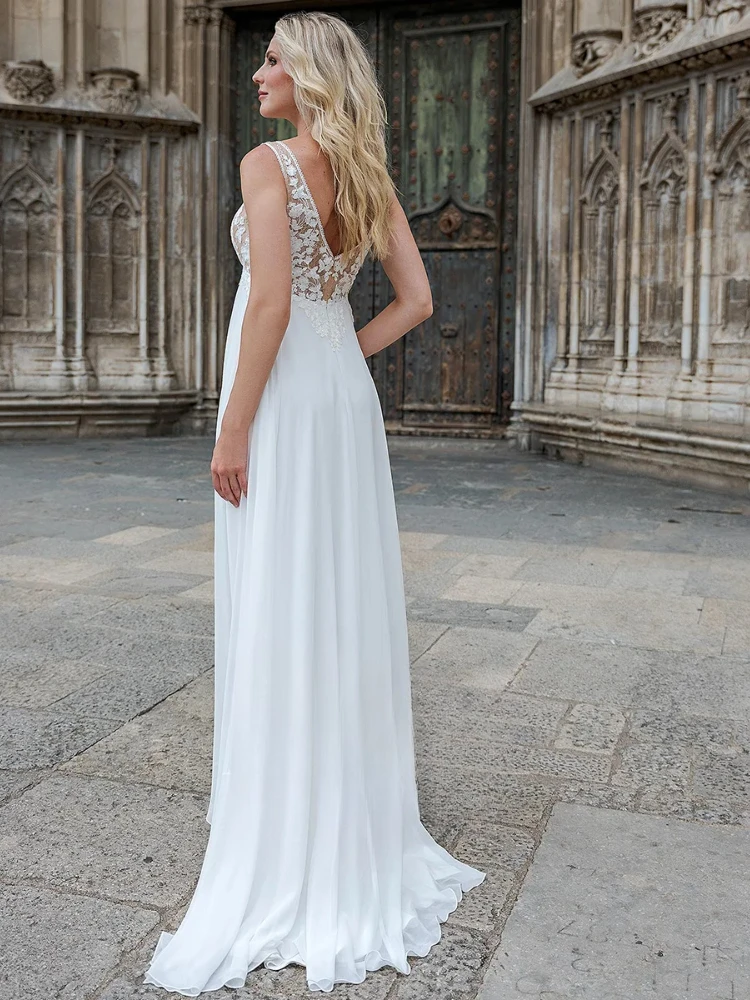 Romantic Empire Waist Bridal Gown Deep V Neck Sheer Bodice Chiffon Floor Length A Line Wedding Dress For Outdoor Garden Bride