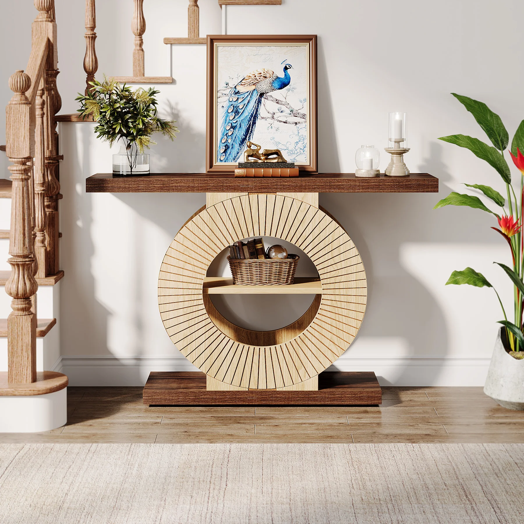 Tribesigns Console Table with Storage, Entryway Sofa Table with Shelves and Circle Base for Living Room Hallway