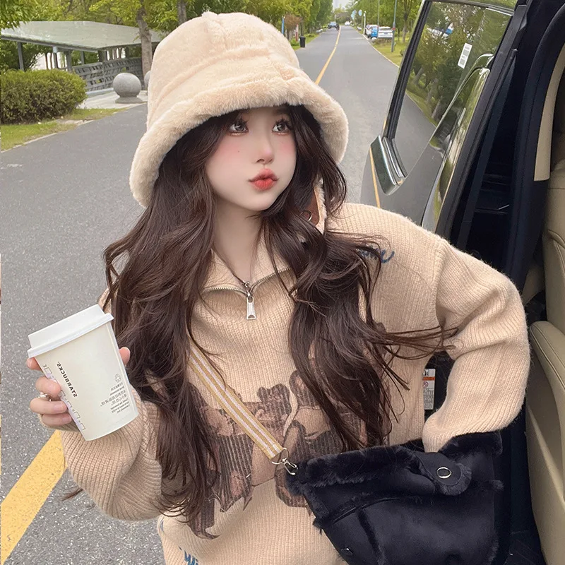 Autumn and Winter New Warm Thick Suede Plush Female Personality Crossbody -Lined Korean Style Fashion Fleece Hat