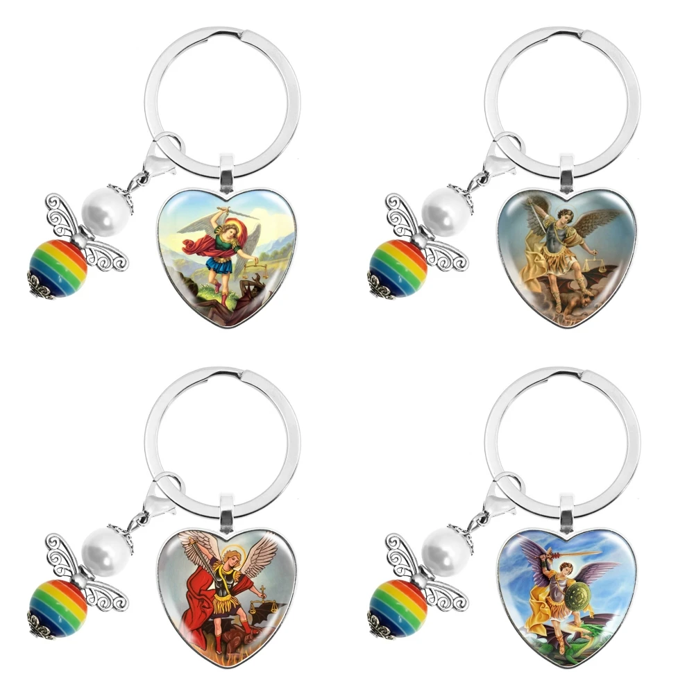 Popular Peach Heart Keychain Archangel St.Michael Protect Me Saint Shield Protection Charm Russian Keyrings Jewelry For Holy