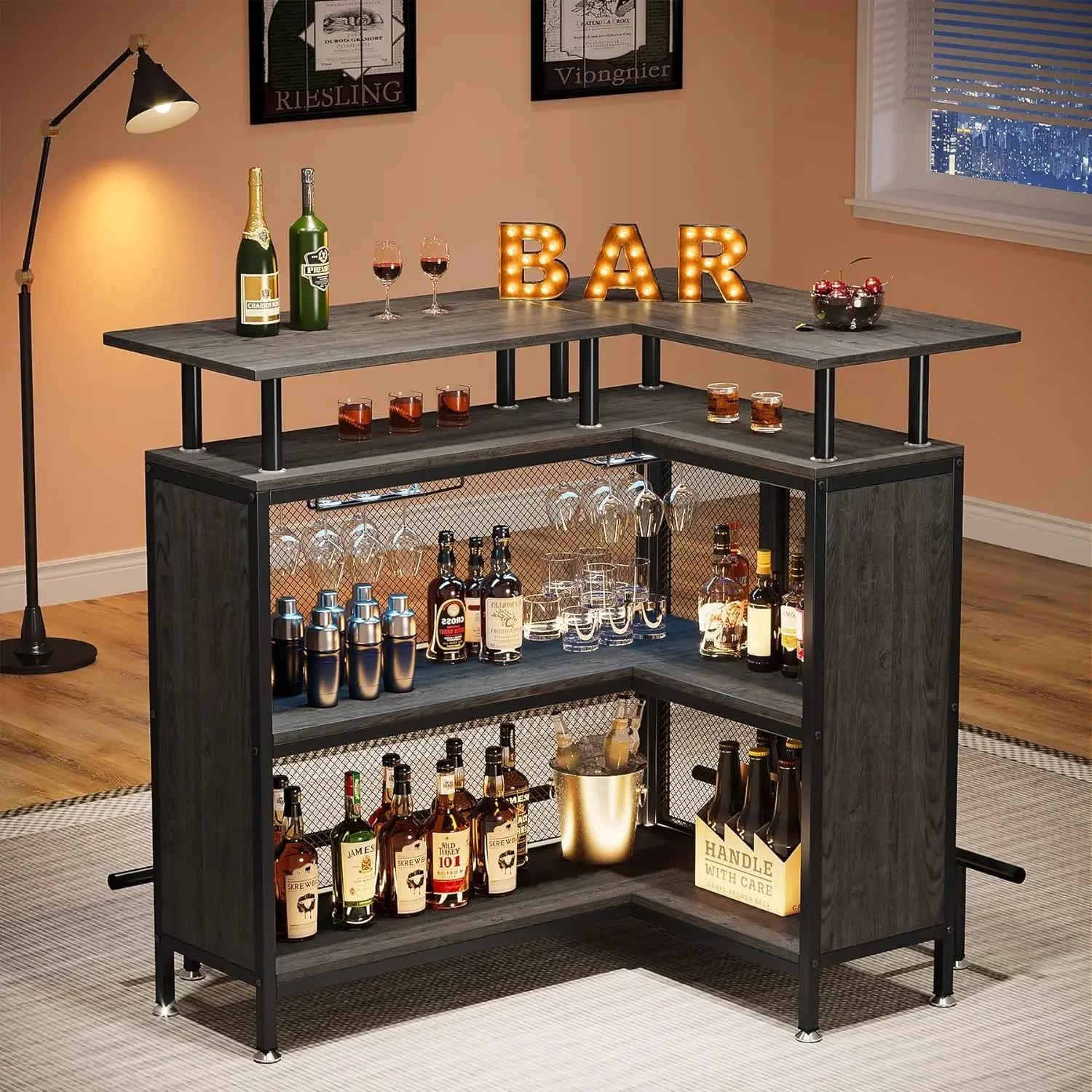 Home Bar Unit, L-Shaped Bar Table with Stemware Racks and 2-Tier Shelves, Corner Mini Coffee Liquor Cabinet with Footrest