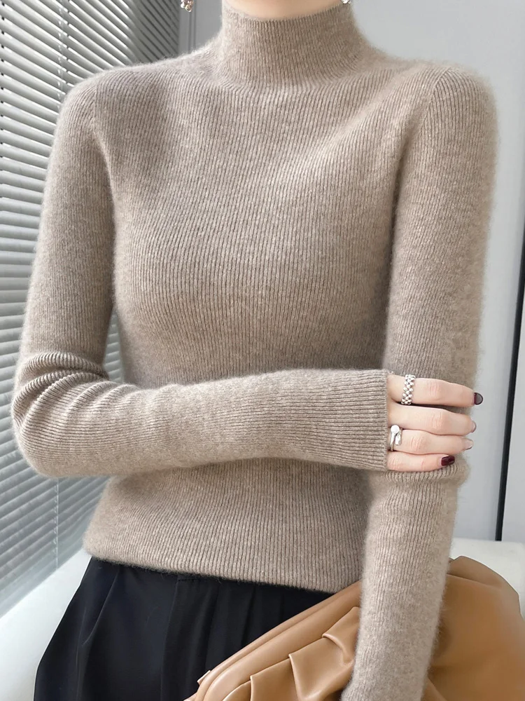 Addonee-Pull Slim à Col Montant pour Femme, 100% Laine Mérinos, Tricot en Cachemire Solide, Simple et Chic, Nouvelle Collection Automne Hiver 2023