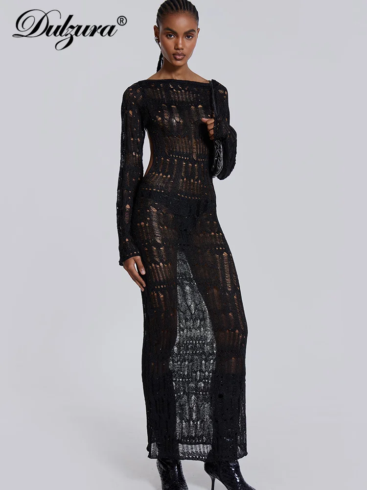 Dulzura Gebreide Gehaakte Vrouwen Jurken Uitgesneden Backless Lange Mouw Holle Maxi Jurk Sexy Party Club Nachtje Uit Evenementen Y2K Kleding