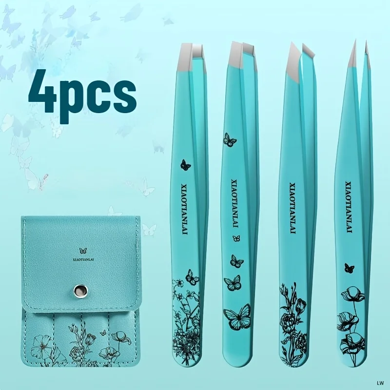 4Pcs Tiffany Blue Butterfly Floral Eyebrow Tweezers Daily Makeup Minimalist Beauty Tool Precision Plucking With PU Storage Bag