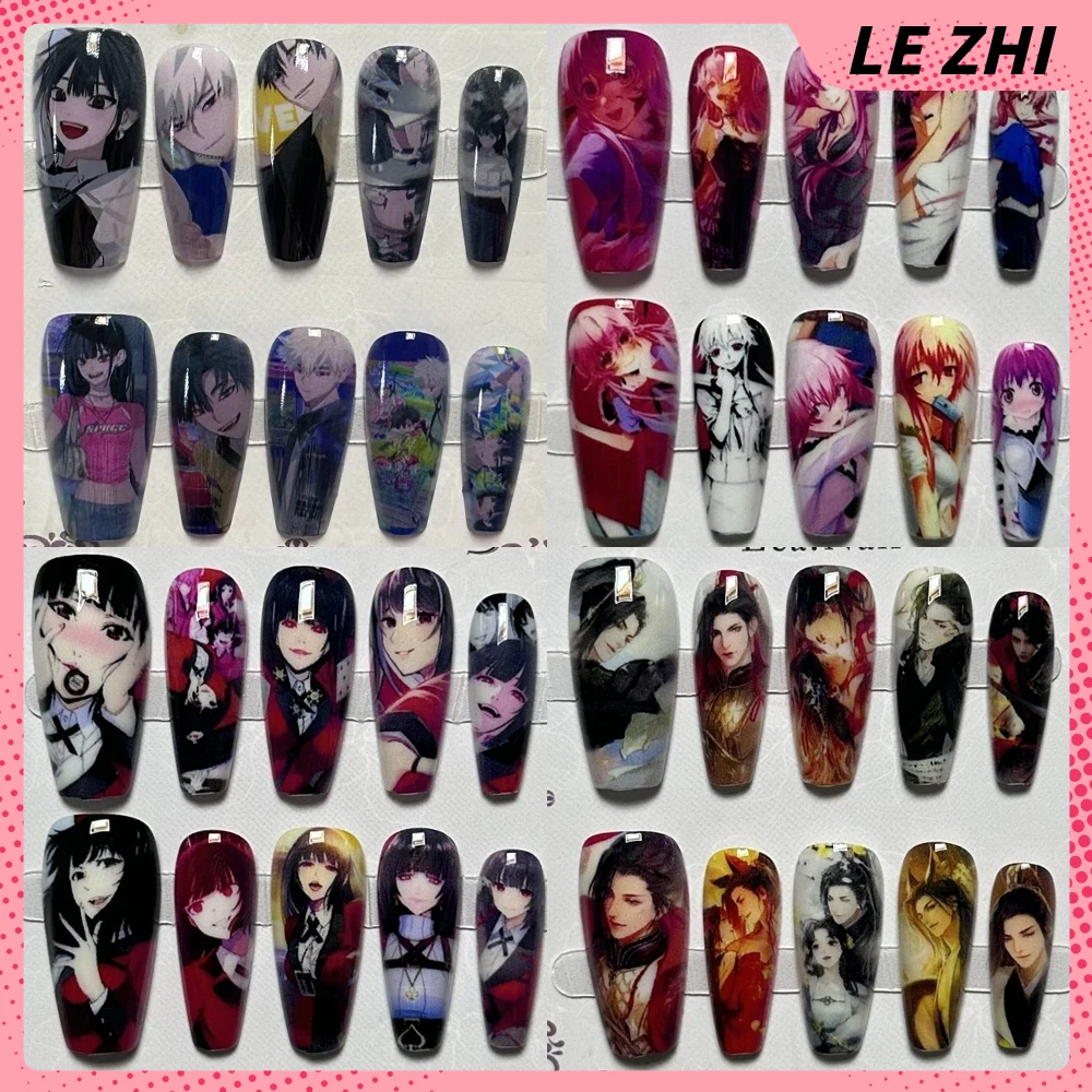 

10Pcs Cartoon Anime Character Long Coffin Semi Handmade Reusable Press On Nails Kawaii Pain Nail Party Sticker Halloween Gift