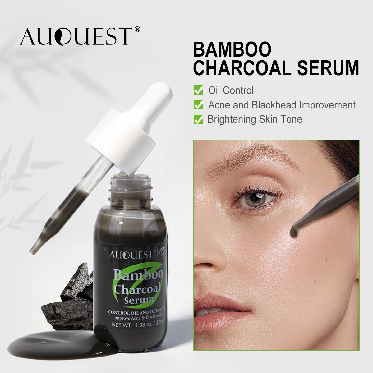 AUQUEST Bamboo Charcoal Serum Blackheads Remover Hyaluronic Acid Serum Oil Control Facial Serum Skin Care