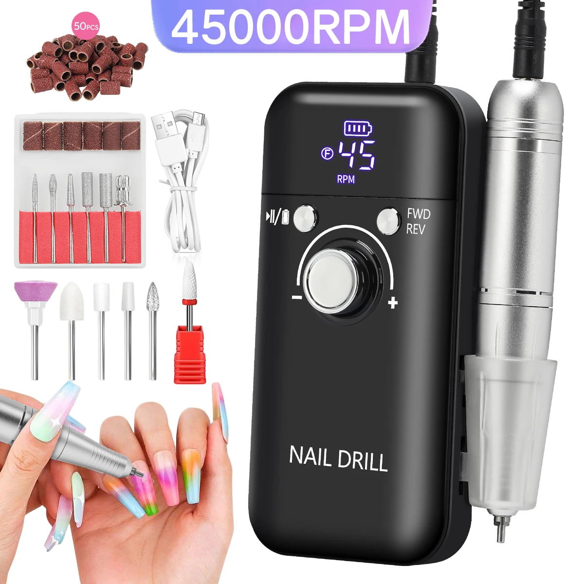 45000RPM Electric Nail Drill Machine Rechargeable Nail File With 12 Drill Bits & 56pc Nail Sanding Bands For Gel Nails Polishing
