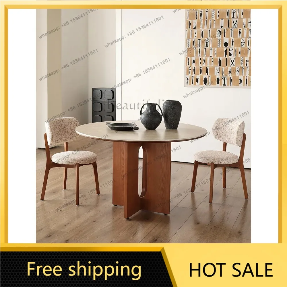 LD natural wind medium and ancient style small apartment round table household travertine rock slab dining table