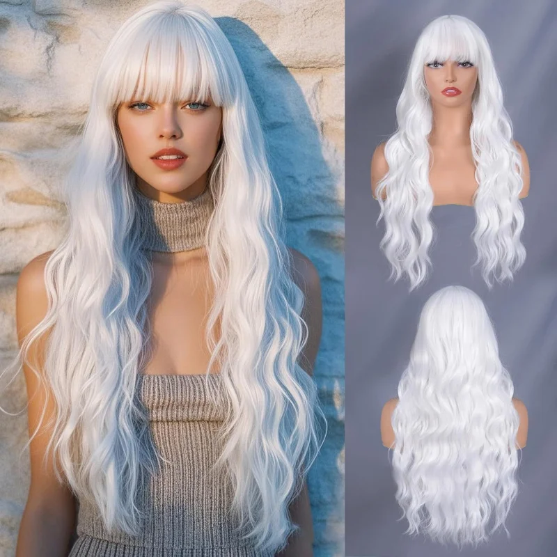 

European and American Style Black Long Straight Hair with Bangs Comfortable Elastic Net High-Temperature Fiber Wig Cap