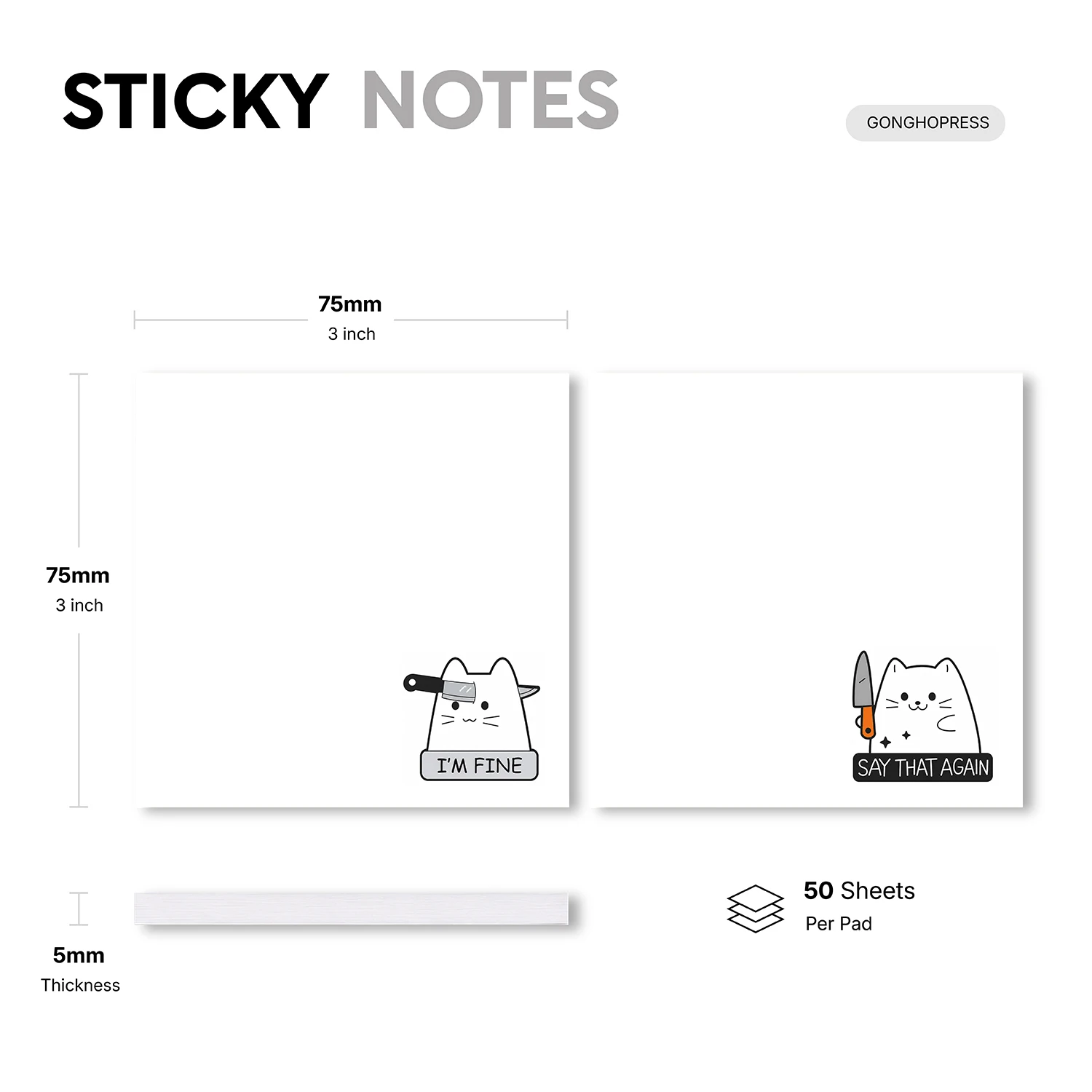 2pcs Funny Cat Meme Sticky Notes Set, “I’m Fine” & “Say That Again” Dark Humor Self Stick Memo Pads, 100 Sheets Total, Kawaii