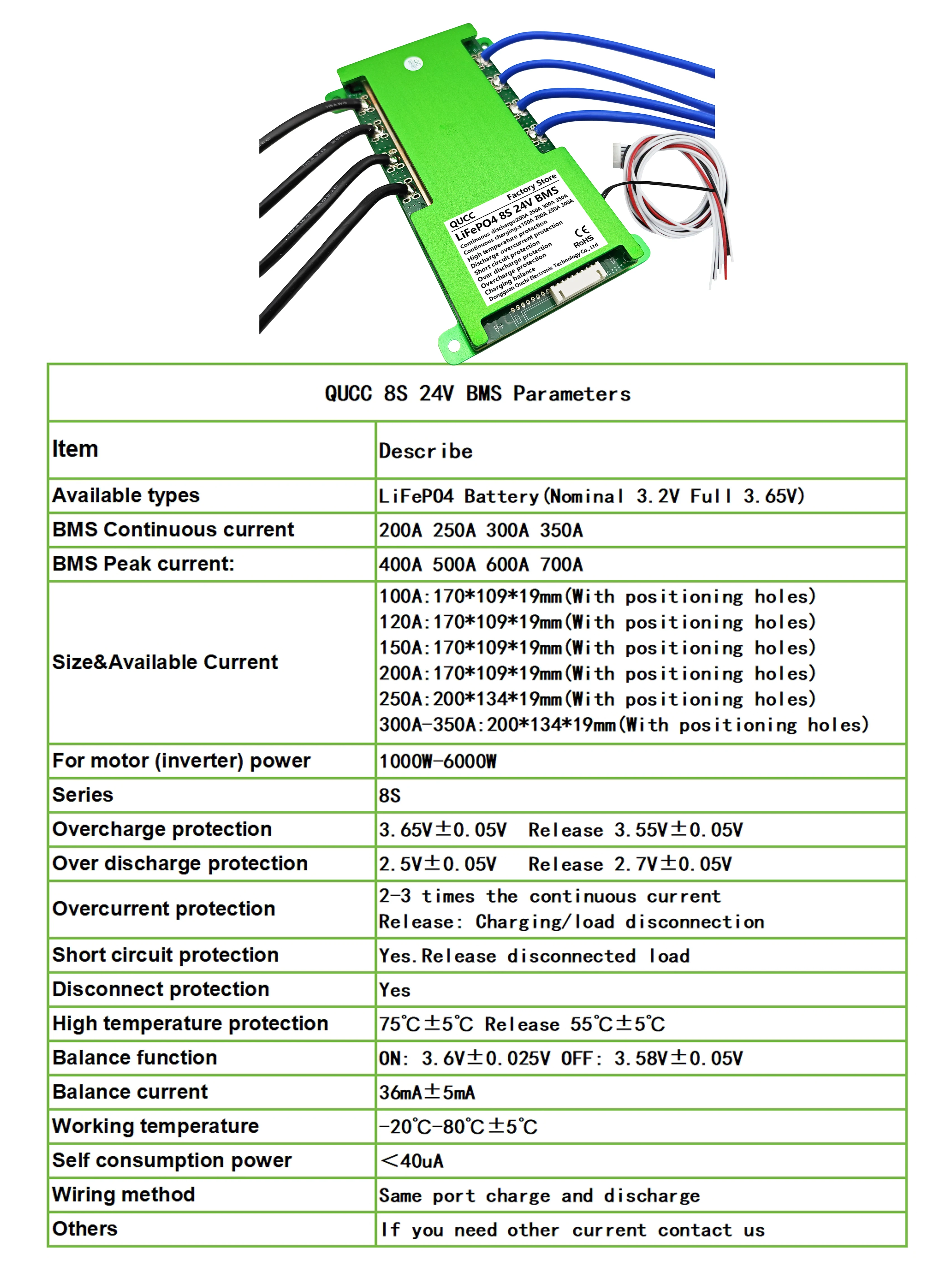 Qucc BMS 8S 24V Lifepo4 200A 250A 300A تهمة التفريغ نفس المنفذ لوحة التوازن نظام إدارة بطارية الليثيوم Bms مع NTC